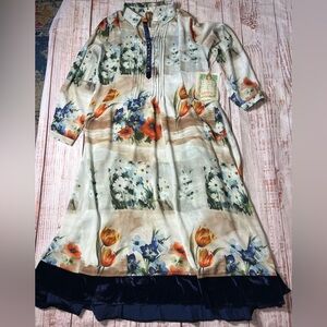 Aratta  Floral Maxi Dress with Blue Velvet and Orange Accents